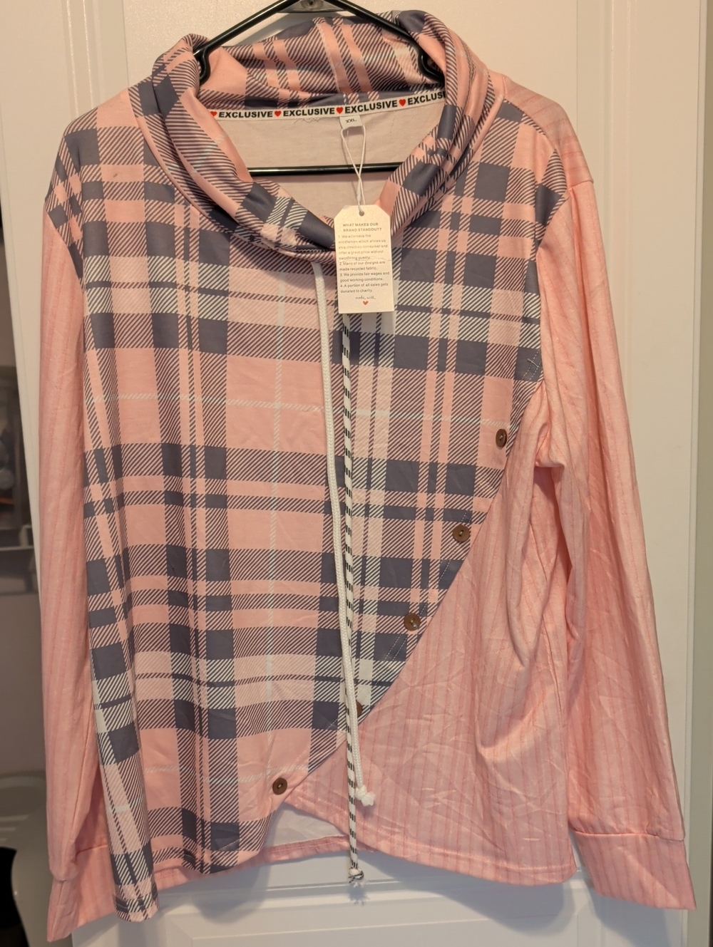 Exclusive Pink & Gray Plaid Cowl Neck Top 2XL